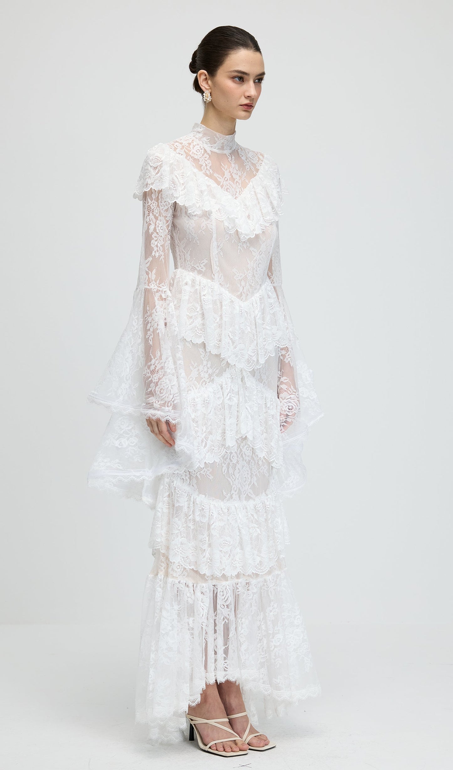 Floral Lace Ruffled Maxi Dress In White