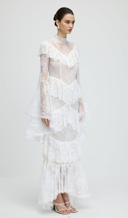 Floral Lace Ruffled Maxi Dress In White