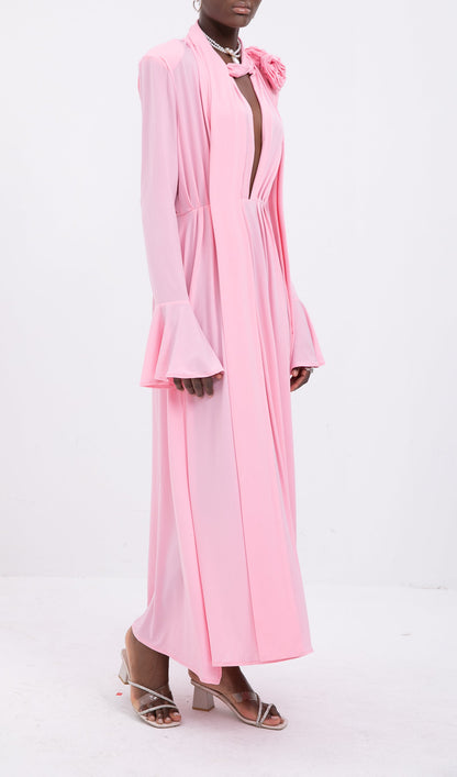 Trendy V-Neck Pleated Slit Maxi Dress-Pink