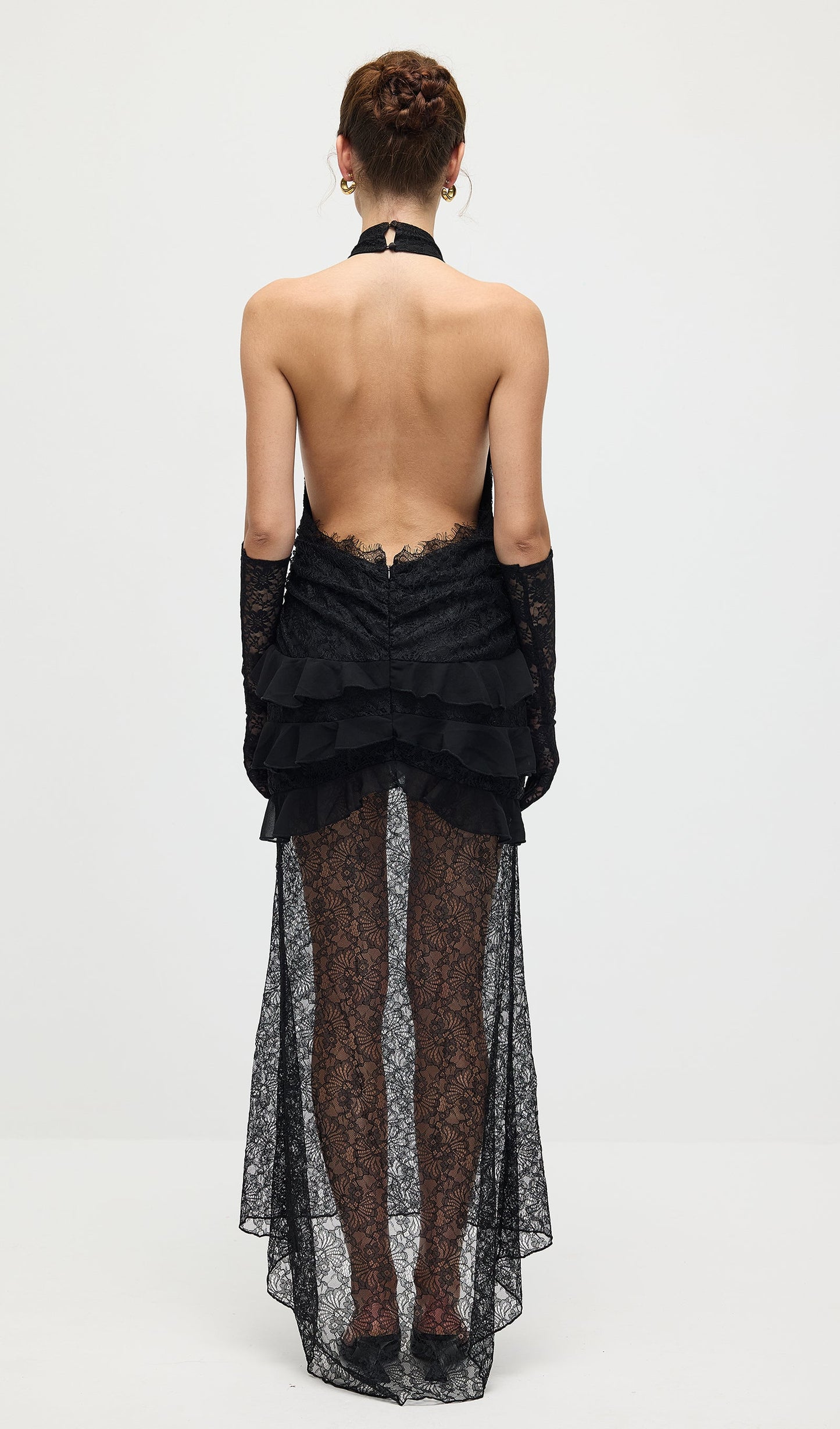 V Neck Ruffled Lace Maxi Dress