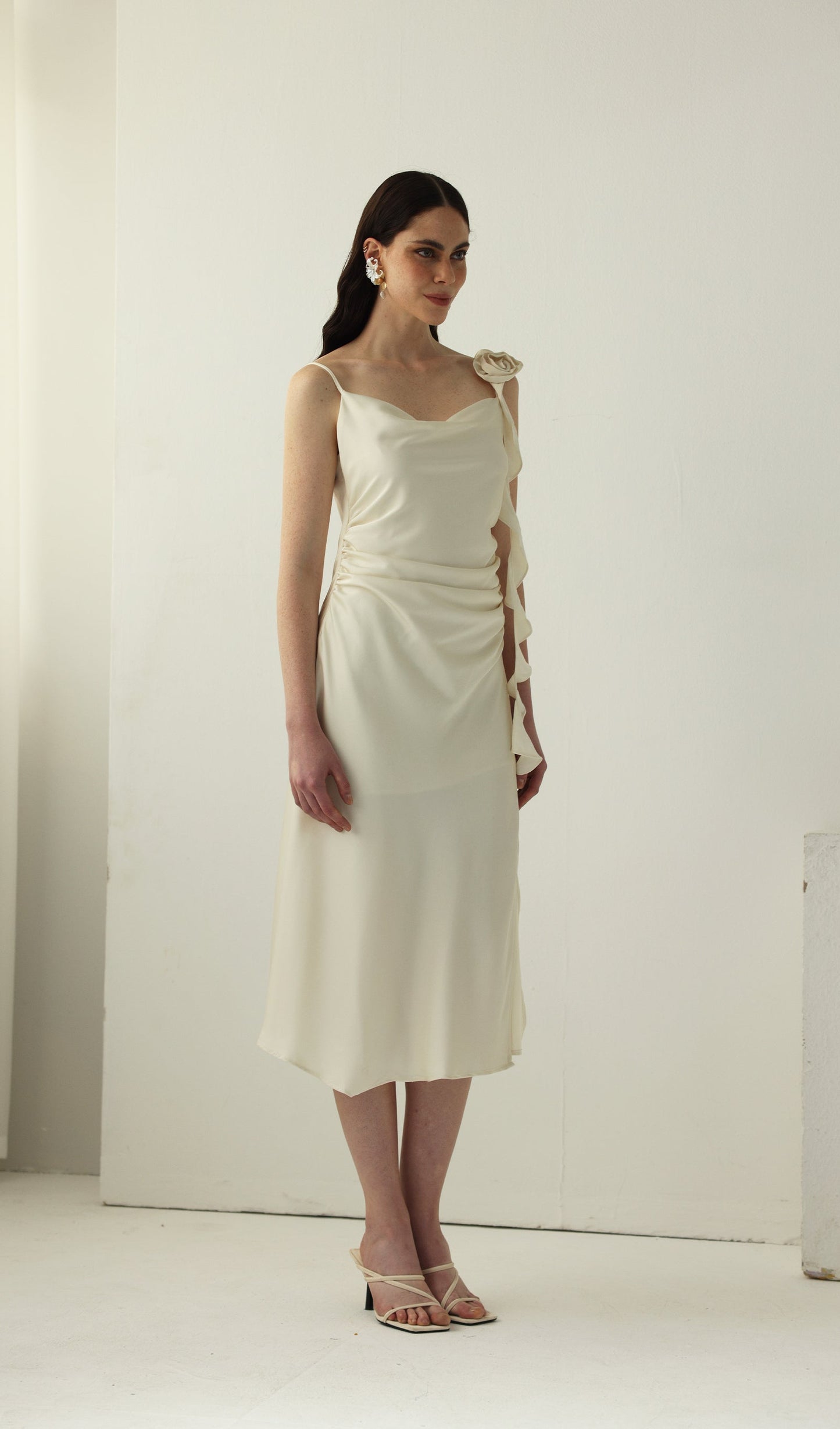 Satin Ruched Midi Slip Dress