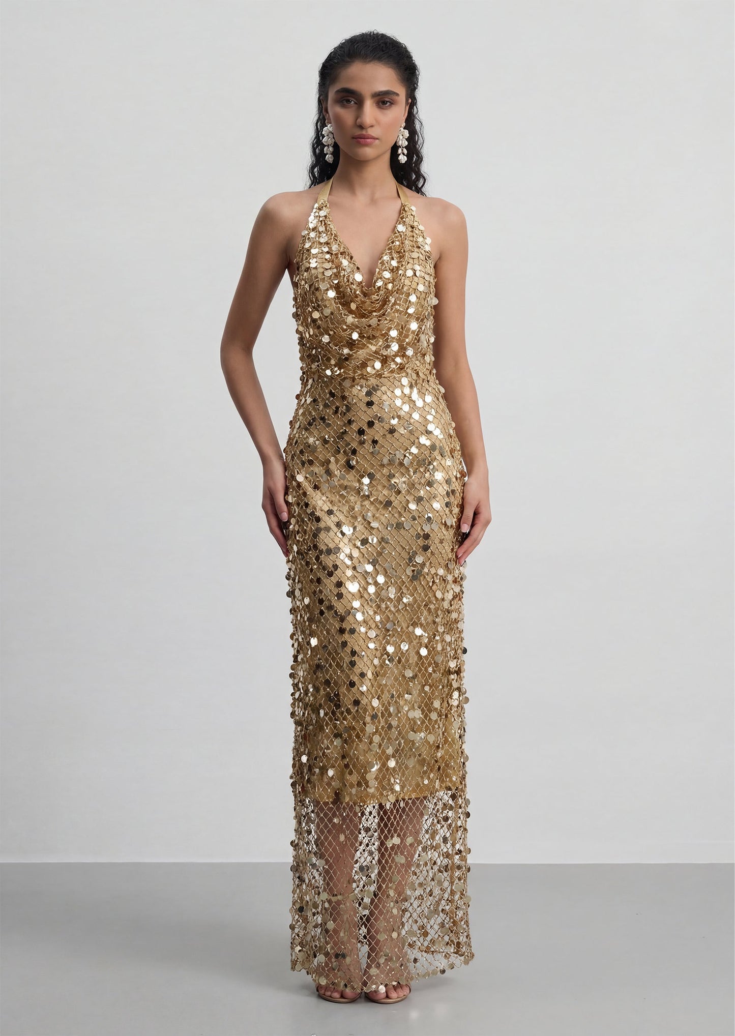 Halter Sequin Fishnet Maxi Dress In Gold