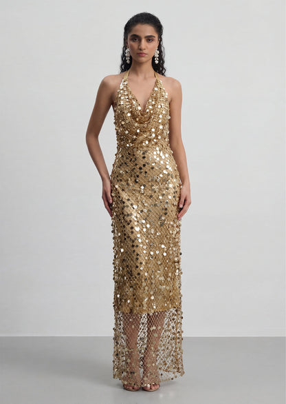Halter Sequin Fishnet Maxi Dress In Gold
