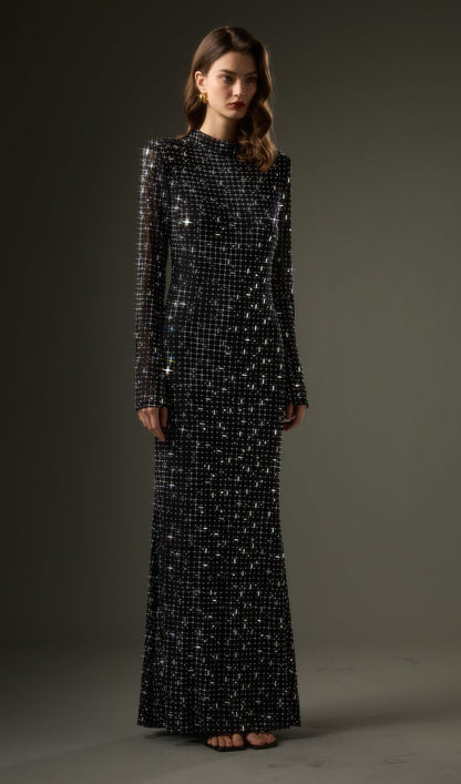 Rhinestone-Embellished Mesh Maxi Dress