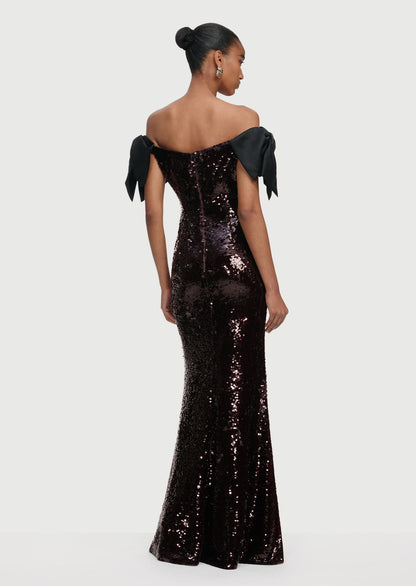 Brown Sequin Bow Maxi Dress