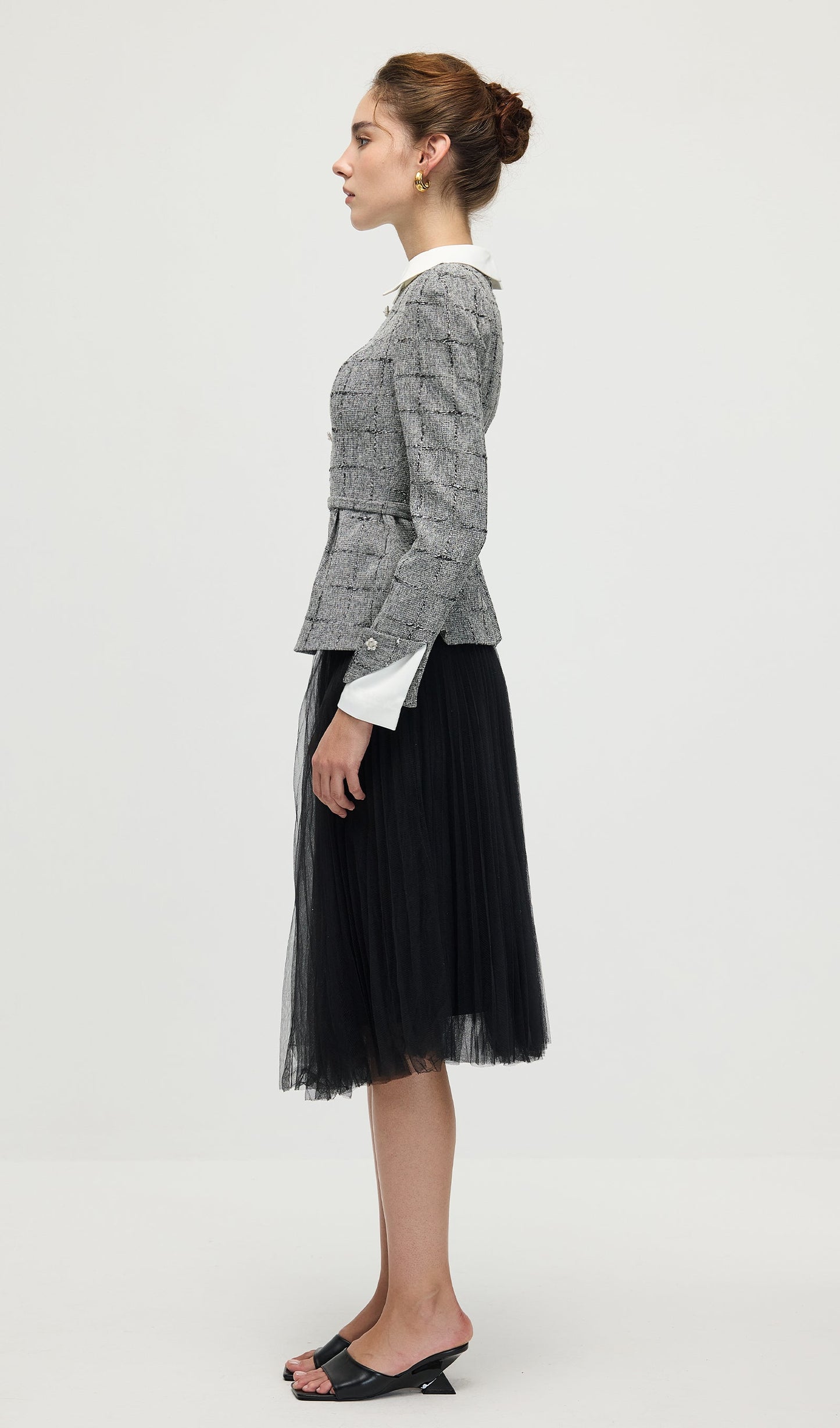Peplum Tweed Top & Mesh Midi Skirt Set
