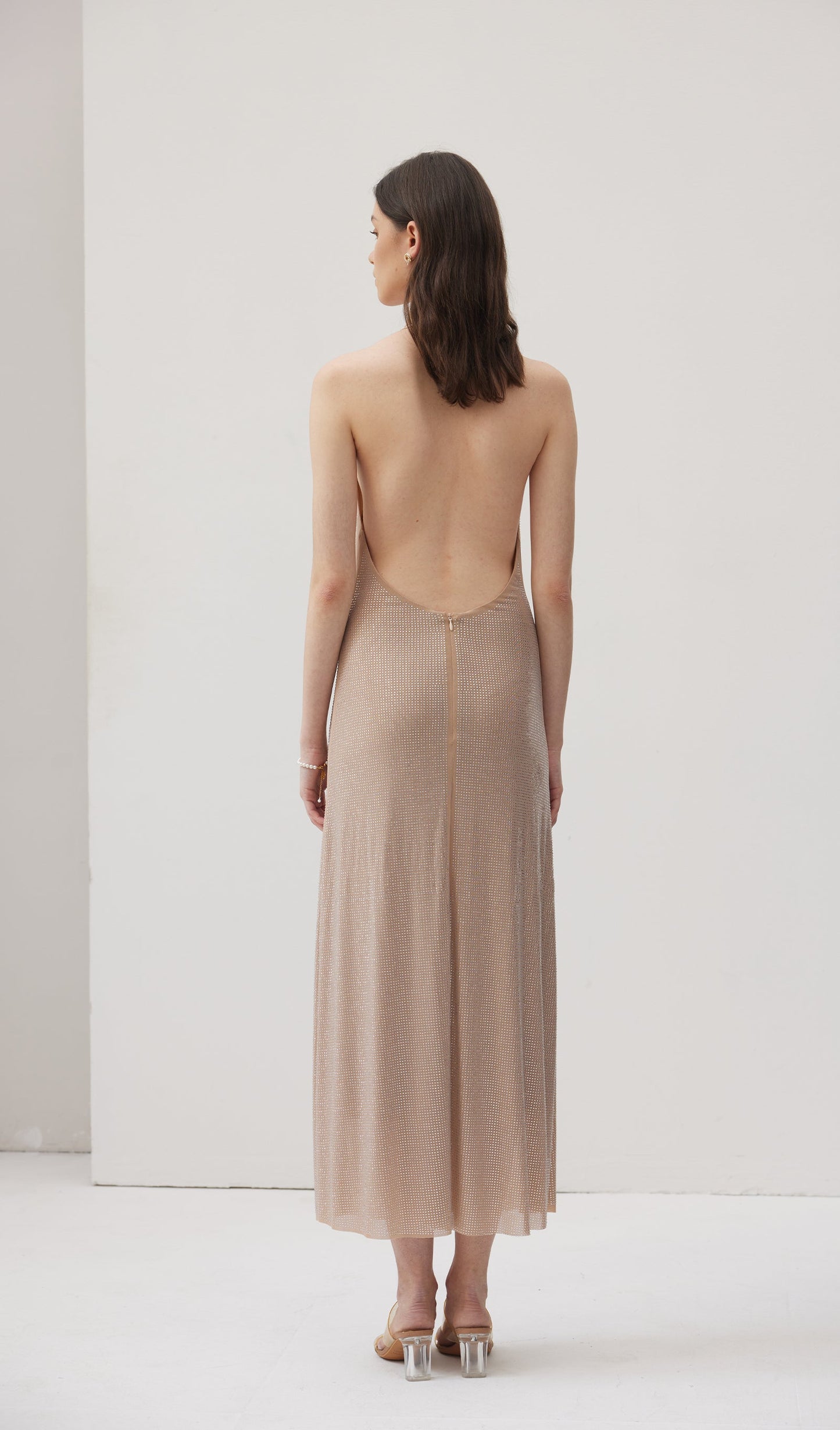 Diamante Halter Midi Dress - Nude