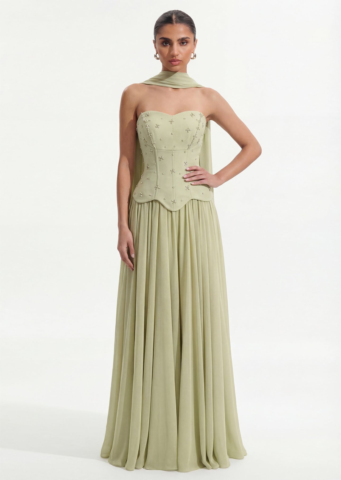 Sage Green Beaded Corset Maxi Dress