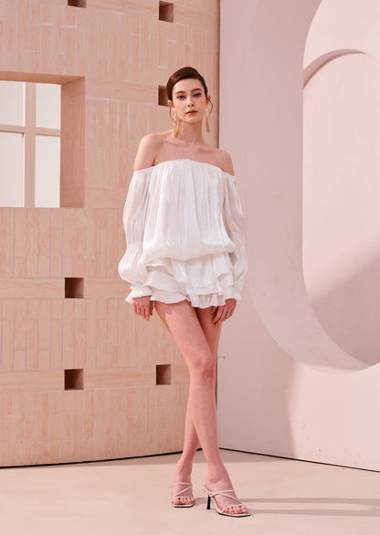 Oralee Off Shoulder Organza Mini Dress In White