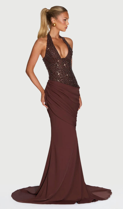 Embellished Pleated Asymmetric Draped Gown