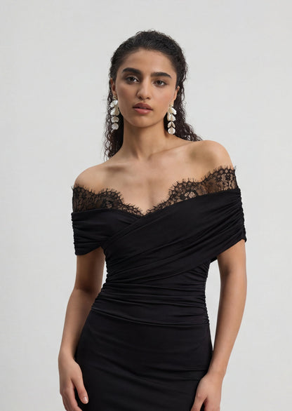 Iris Lace Trim Midi Dress In Black