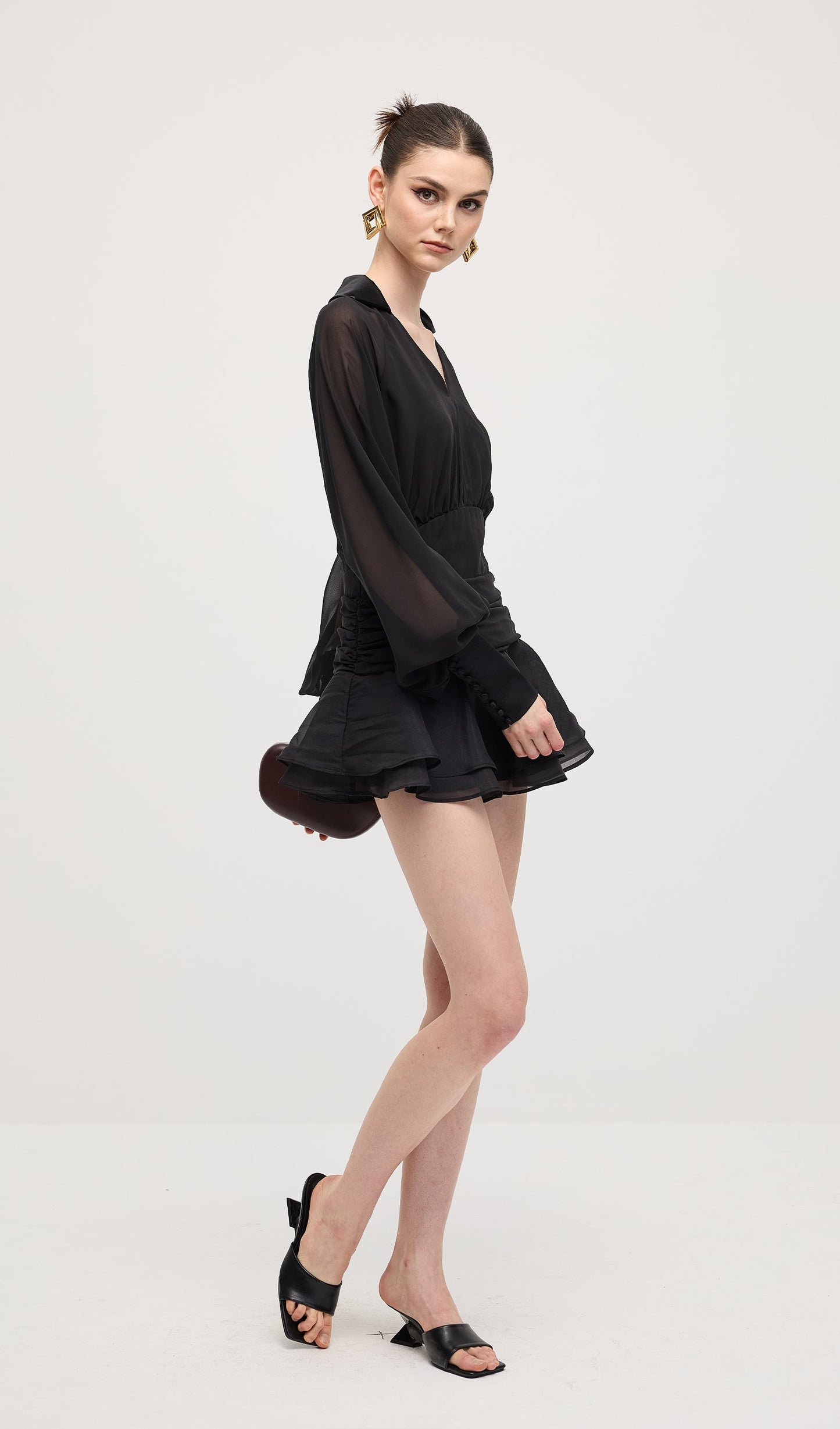Solid Lantern Sleeve Mini Dress Black
