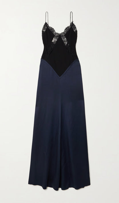 Lace Trimmed Crepe Satin Maxi Dress
