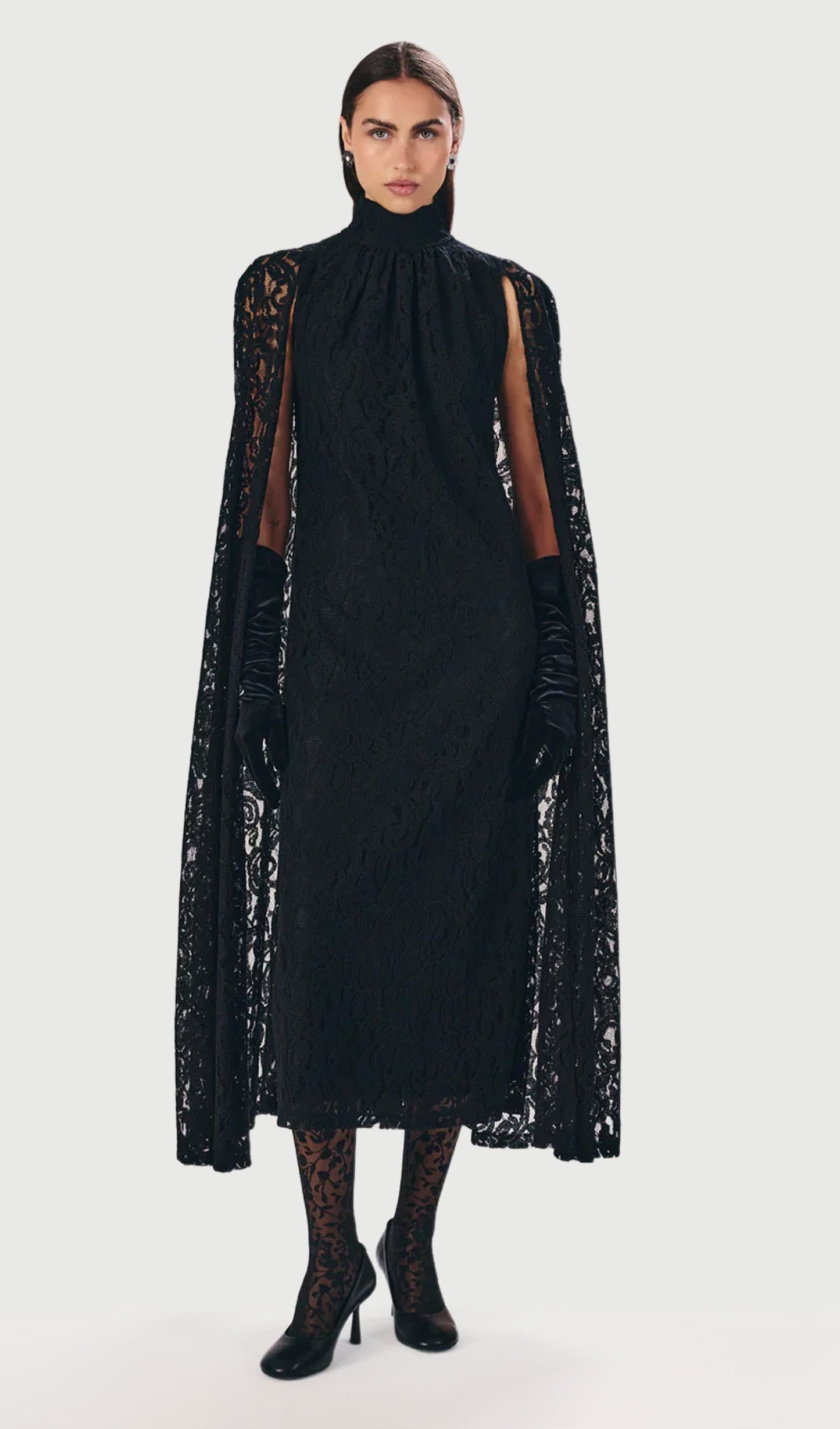 Layali Rose Lace Cape Midi Dress