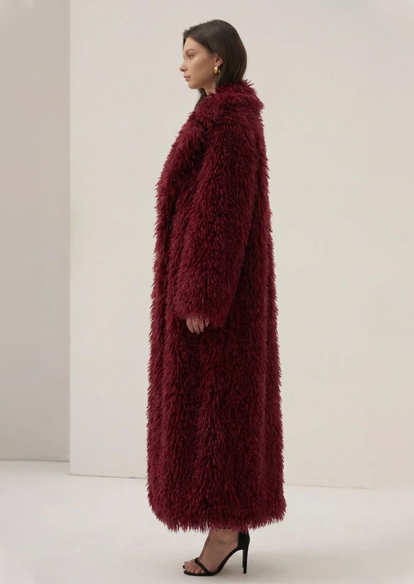 Faux Fur Maxi Jacket In Burgundy