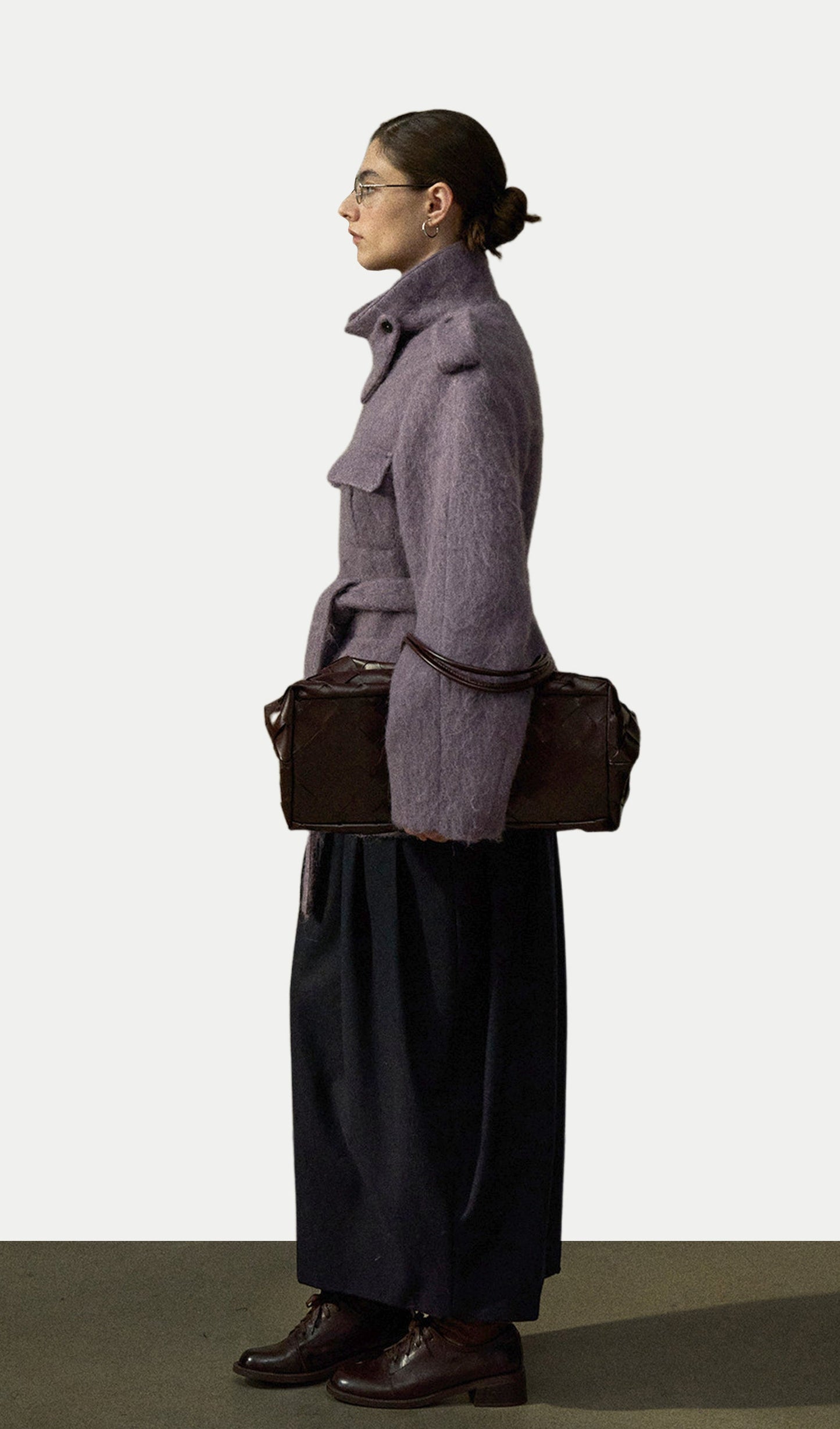 Stand-Up Collar Fitted Wool Coat In Purple