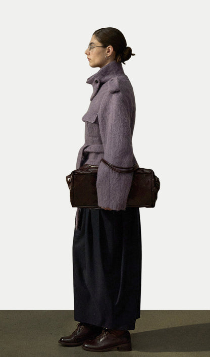 Stand-Up Collar Fitted Wool Coat In Purple