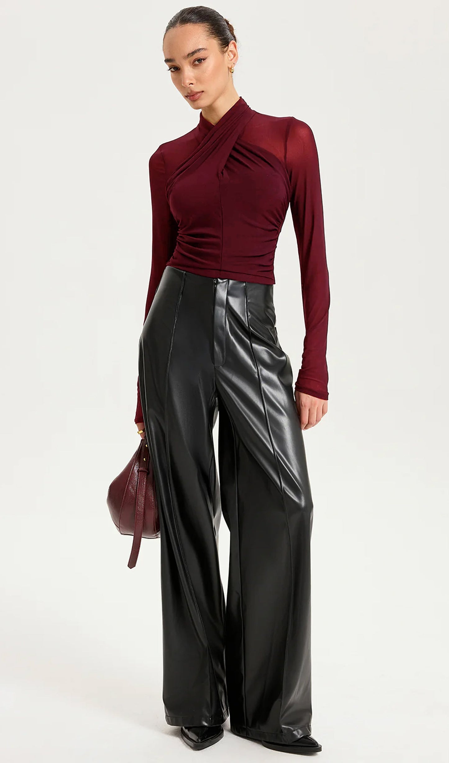 Cross-Front Sheer Mesh Long-Sleeve Top Claret