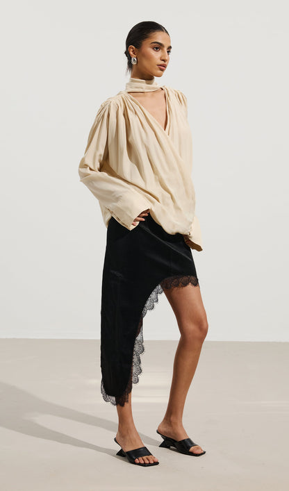 Pleated V-Neck Top & Asymmetrical Lace Skirt Set