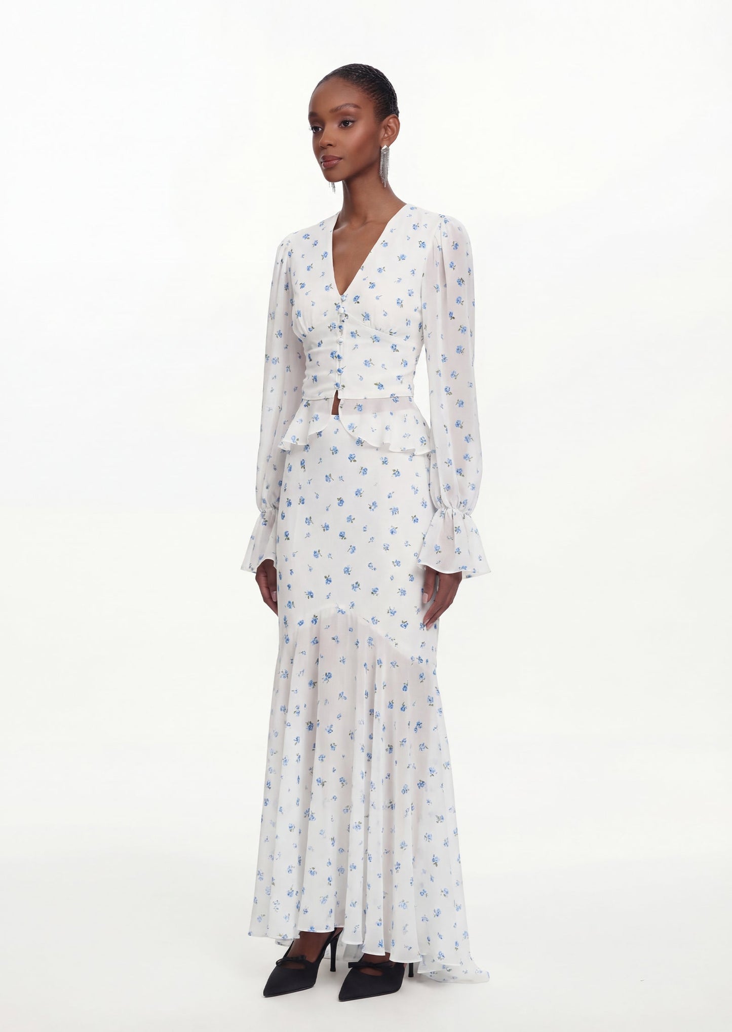 Printed V Neck Shirt & Fishtail Maxi Skirt Set