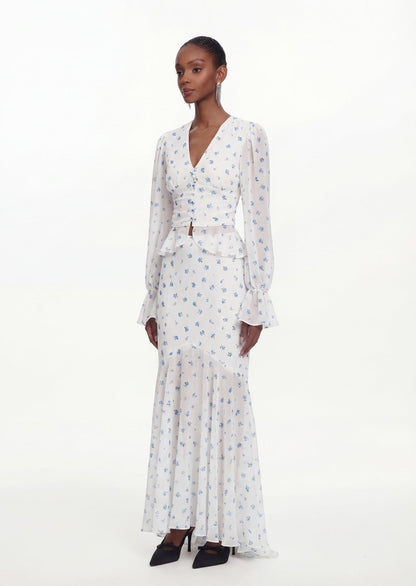 Printed V Neck Shirt & Fishtail Maxi Skirt Set