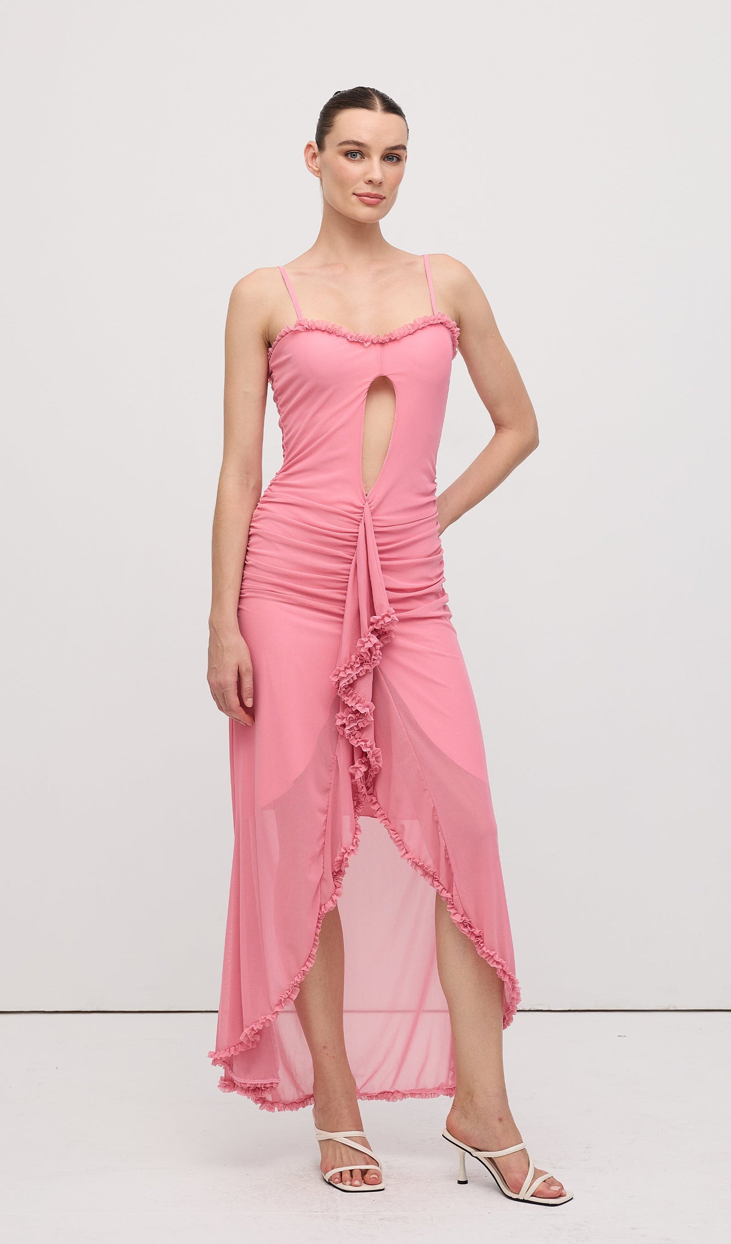 Ruffled Front Gown Maxi Dress Pink