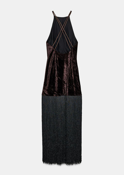 Velvet Fringed Midi Dress