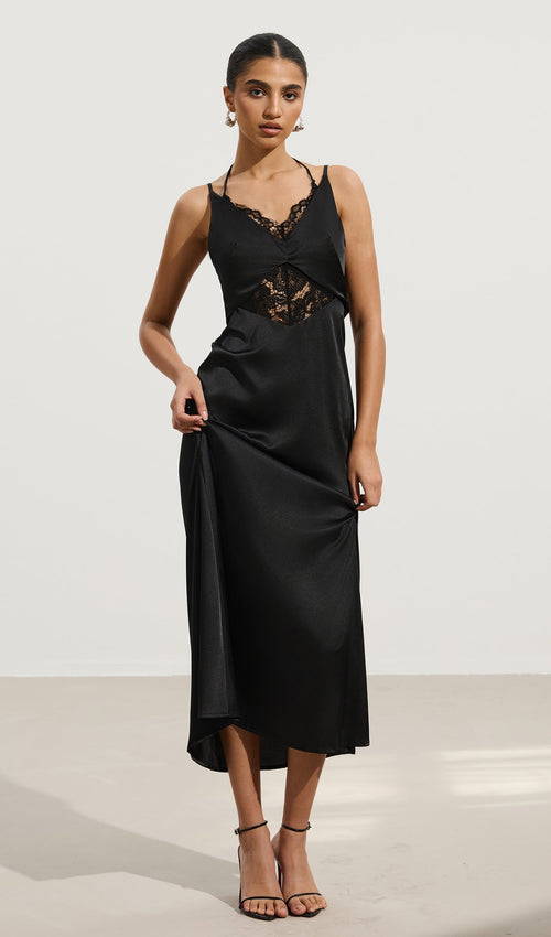 Lace-Trimmed Backless Halter Maxi Dress