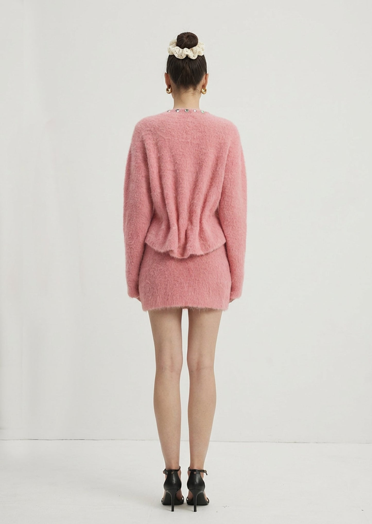 Fluffy Knitted Cardigan & Mini Skirt Set Pink
