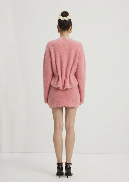 Fluffy Knitted Cardigan & Mini Skirt Set Pink