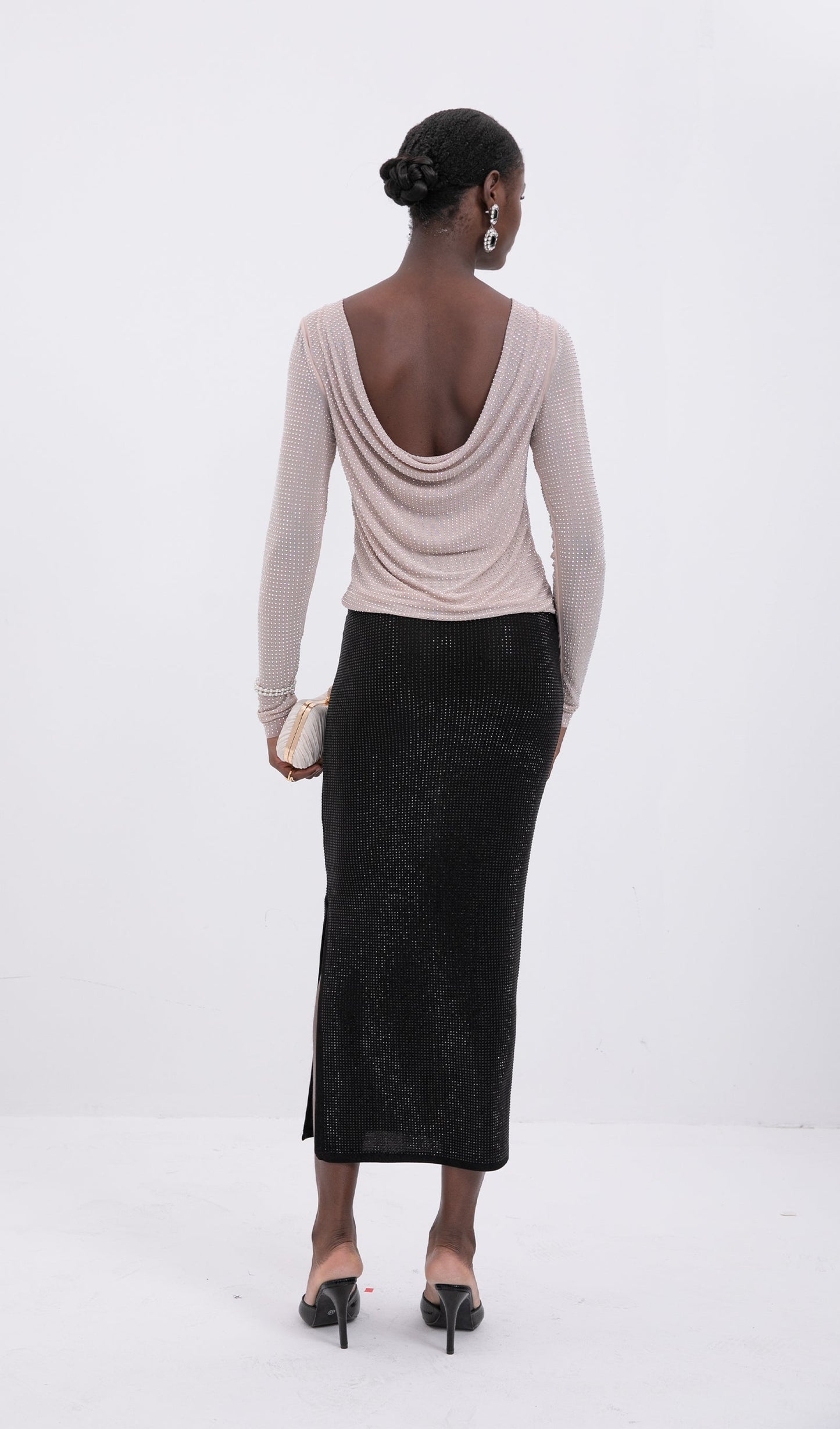 Black Tone Beaded Midi Skirt