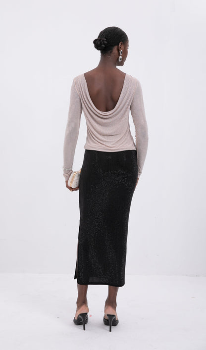 Black Tone Beaded Midi Skirt