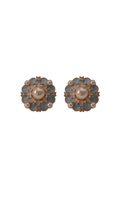 Retro Blue Flower Shape Pearl  Earrings