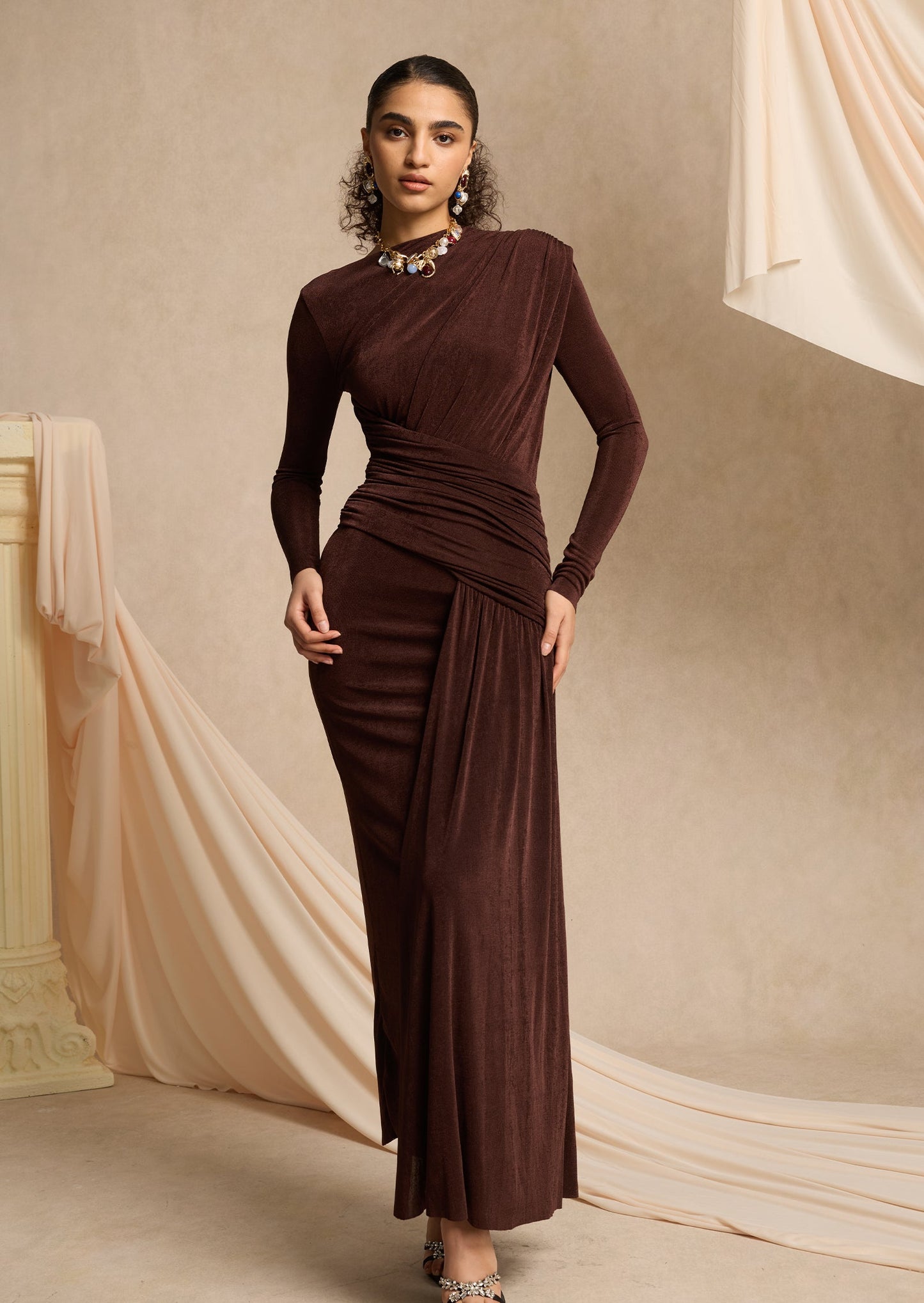 Asymmetrical Maxi Dress With Draped Hip In Brown