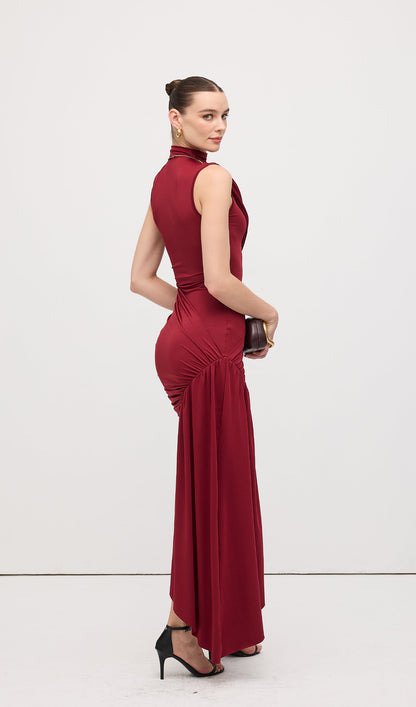 Asymmetrical Draping Mini Dress Claret