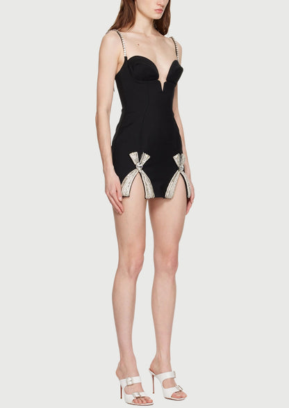 Deco Bow Slit Mini Dress In Black