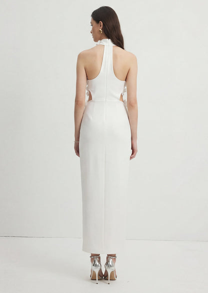 Flower Appliqued Halter Slit Maxi Dress