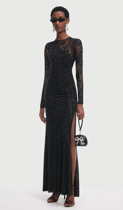 Rhinestone Lace Sleeves Maxi Dress In Black