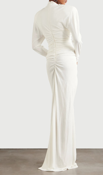 Layali Rose Mesh Paneled Ruched Crepe Gown