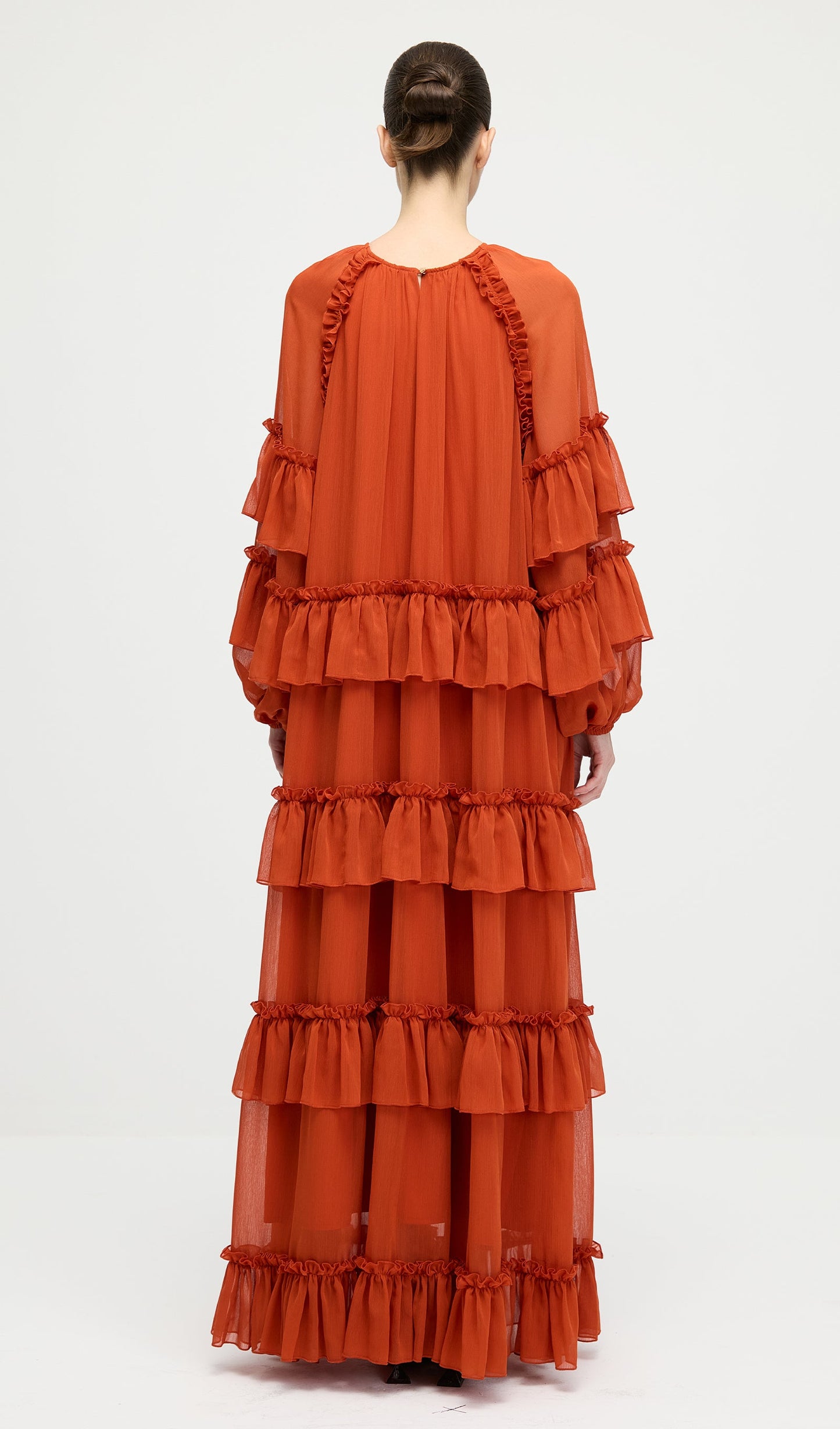 Ruffle Tiered Puff Sleeve Maxi Dress In Orange