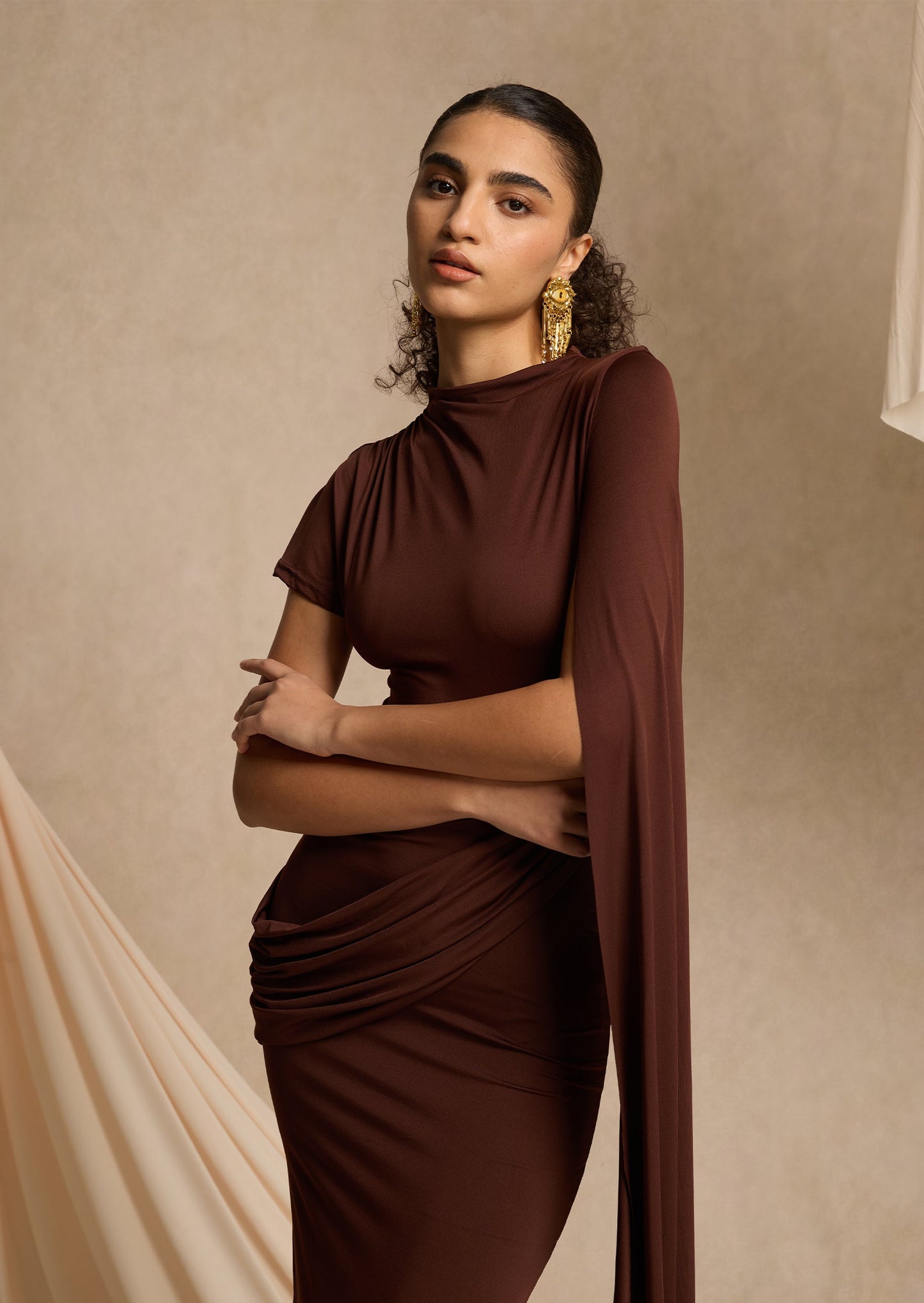 High-Neck Maxi With Long Cape Sleeve