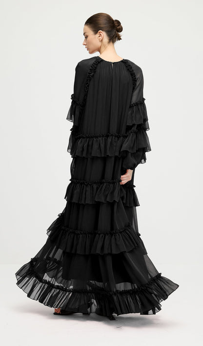 Ruffle Tiered Puff Sleeve Maxi Dress In Black