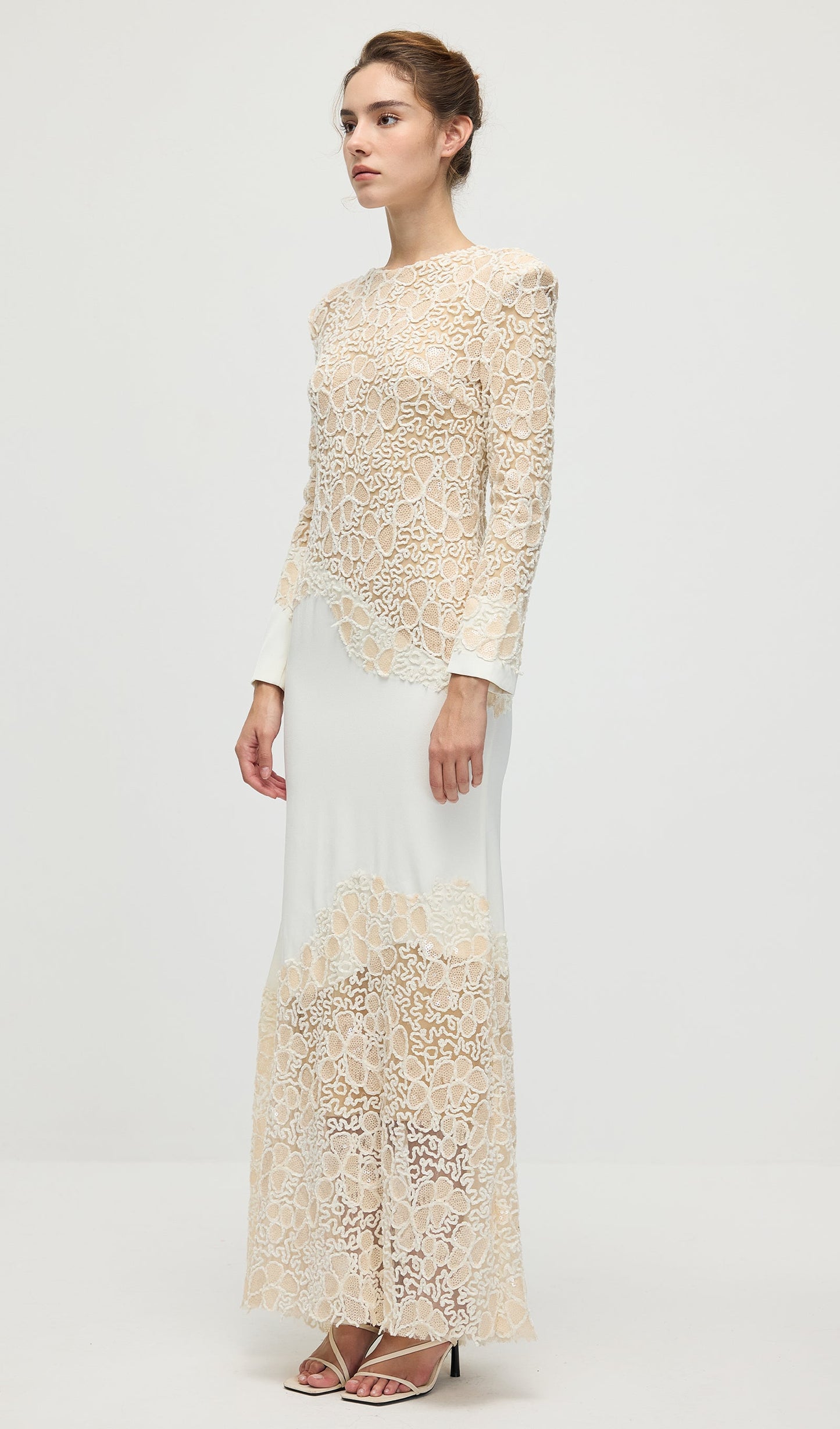 Textured Floral Embroidered Sequined Maxi Dress In Ivory