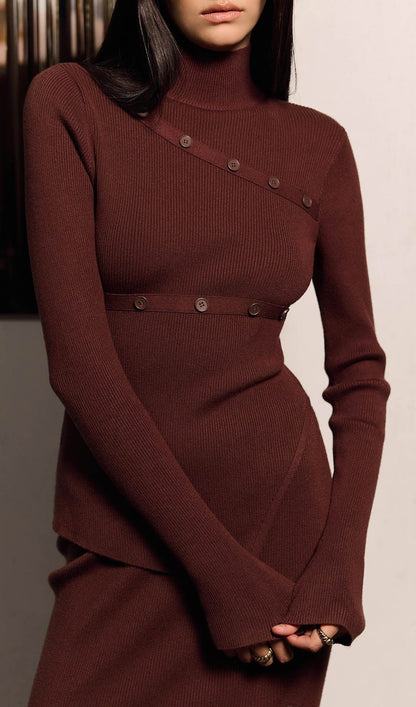 Asymmetrical Top & Maxi Skirt With Side Slit Set Brown