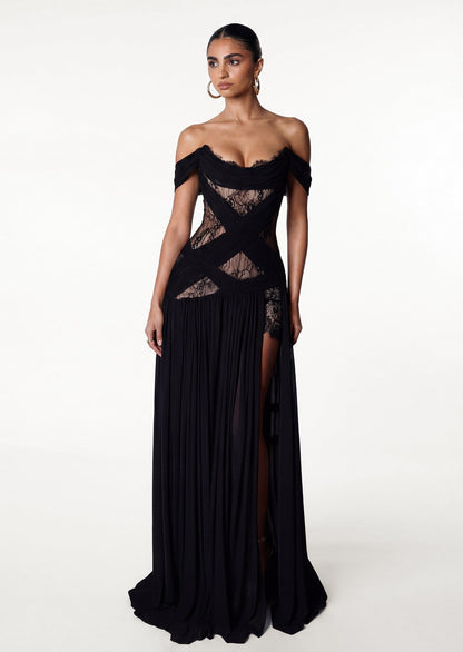 Off Shoulder Lace Panel Inserts Draped Maxi Dress