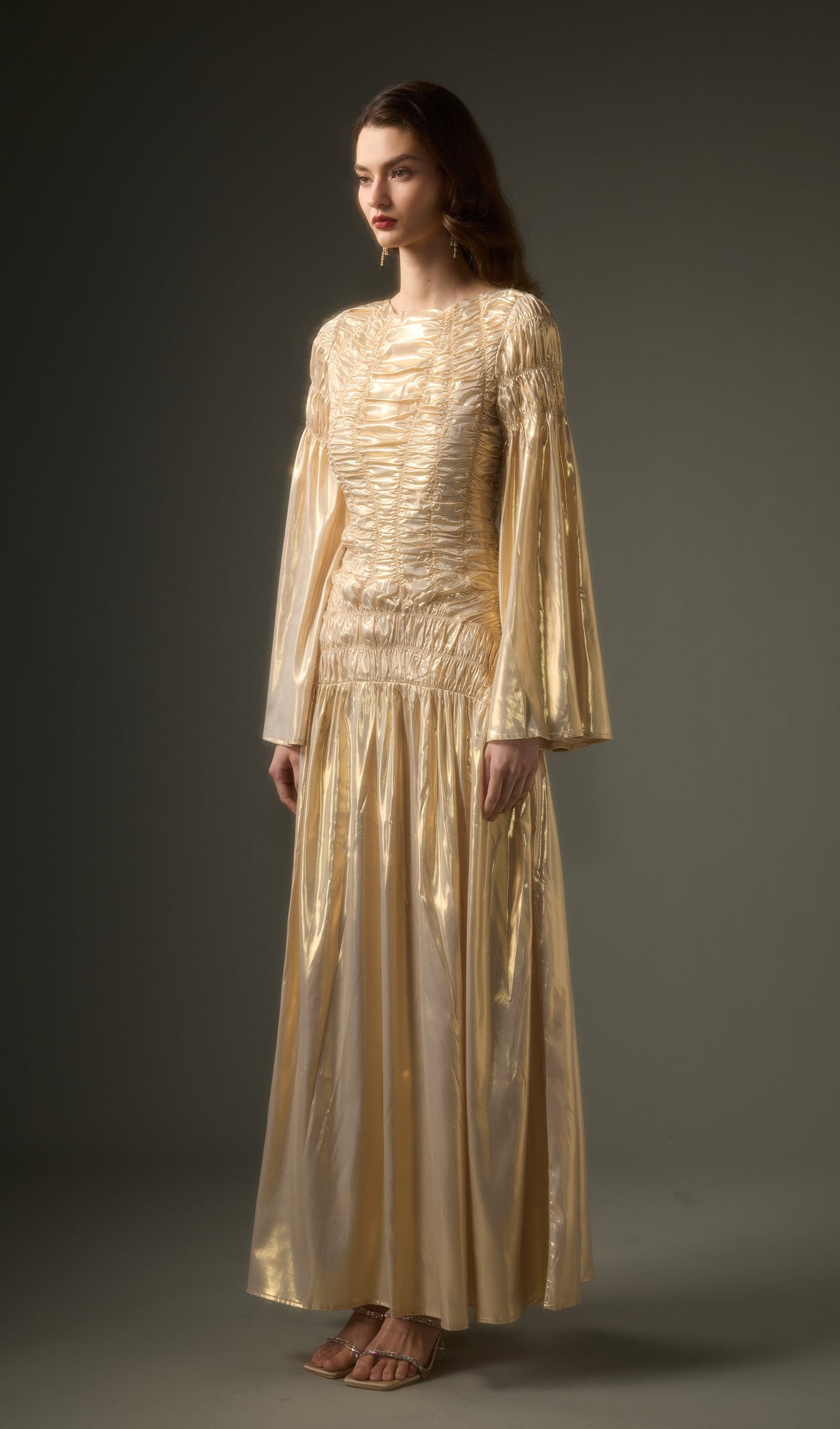 Solid Metallic Elasticated Gathers Maxi Dress