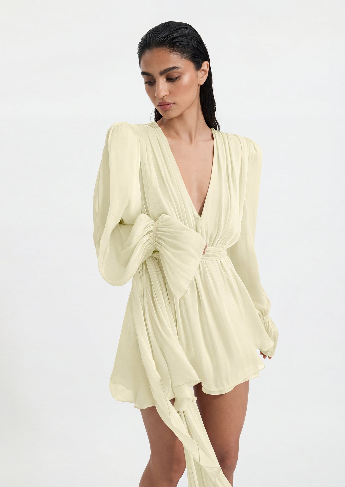 Deep V-Neck Flounce Sleeve Mini Dress