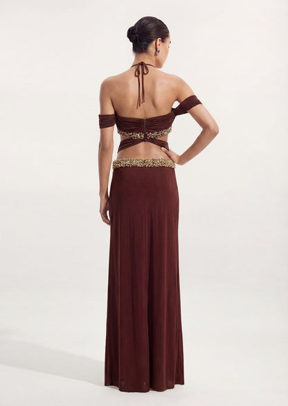 Crystal-Embellished Cutout Halterneck Gown