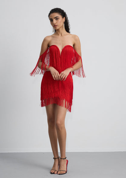 Off Shoulder Fringe Trim Mini Dress