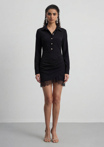Lace Trimmed Button-Down Mini Shirt Dress